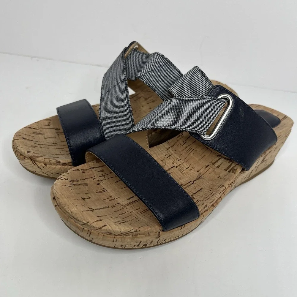Hush Puppies Bounce Sandals Navy 6.5 M Leather Cork Wedge‎ Heel Stretch Comfort